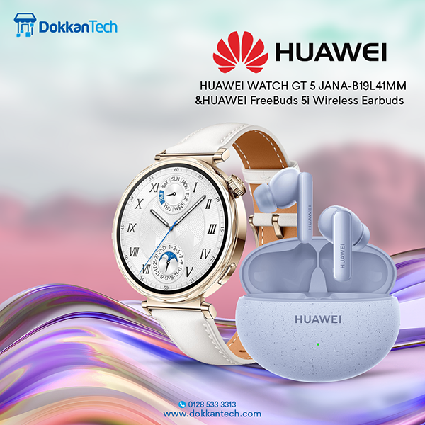 Huawei GT5 41mm Smartwatchwith 1.32 inches AMOLED, up to 7 Days Battery Life, Sports Smart Watch, Health Tracking - Jana-B19L - White + Gift Huawei FreeBuds 5i - Isle Blue