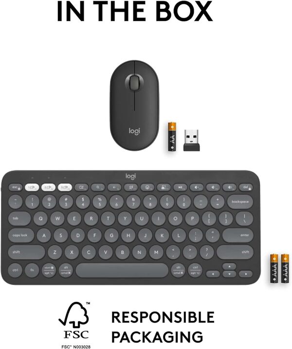 Logitech Pebble 2 Combo, Wireless Keyboard and Mouse, Quiet and Portable, Customizable, Logi Bolt, Bluetooth, Easy-Switch for Windows, macOS, iPadOS, Chrome - Black