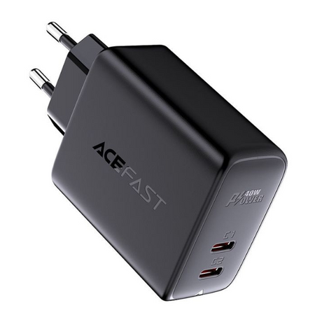 شاحن حائط سريع AceFastA9 بقوة 40 واط (2xUSB-C) بتقنية PD3.0 - أسود 