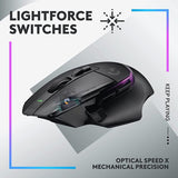 ماوس ضوئي لاسلكي من لوجيتك G502 X PLUS LIGHTSPEED مع مفاتيح LIGHTFORCE الهجينة، LIGHTSYNC RGB، مستشعر ألعاب HERO 25K - أسود